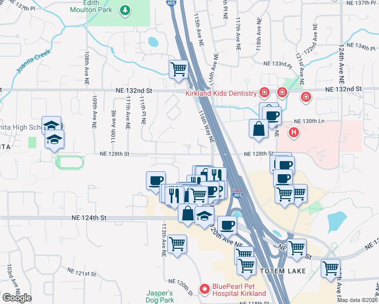 map of restaurants, bars, coffee shops, grocery stores, and more near 11504 Northeast 128th Street in Kirkland