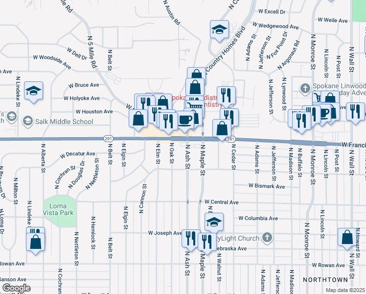 map of restaurants, bars, coffee shops, grocery stores, and more near 6215 North Ash Street in Spokane