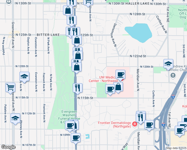 map of restaurants, bars, coffee shops, grocery stores, and more near 11811 Stendall Drive North in Seattle