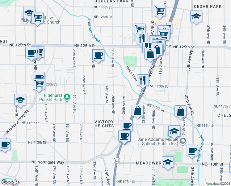 map of restaurants, bars, coffee shops, grocery stores, and more near 11729 26th Avenue Northeast in Seattle