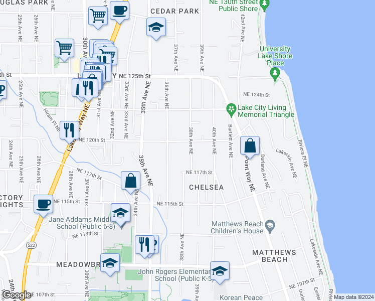 map of restaurants, bars, coffee shops, grocery stores, and more near 11741 38th Avenue Northeast in Seattle