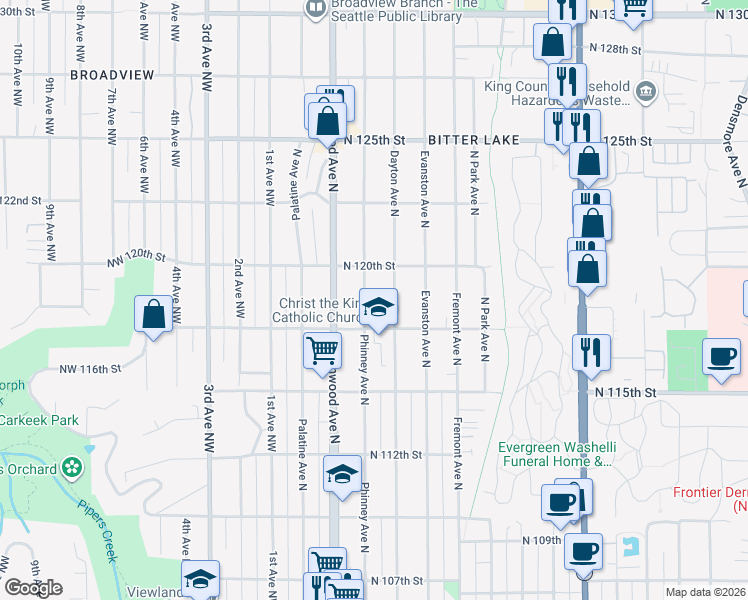 map of restaurants, bars, coffee shops, grocery stores, and more near 11726 Phinney Avenue North in Seattle