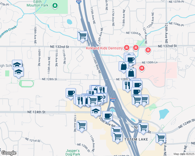 map of restaurants, bars, coffee shops, grocery stores, and more near 11510 Northeast 128th Street in Kirkland