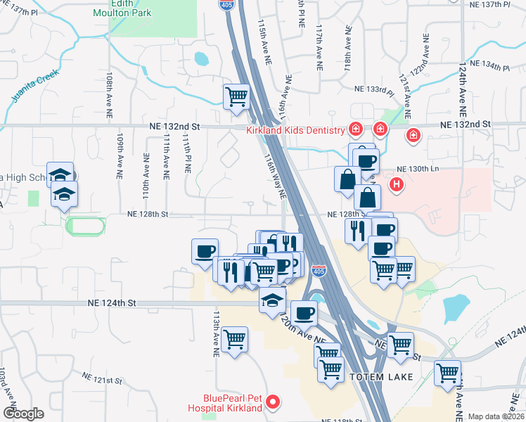 map of restaurants, bars, coffee shops, grocery stores, and more near 11500 Northeast 128th Street in Kirkland
