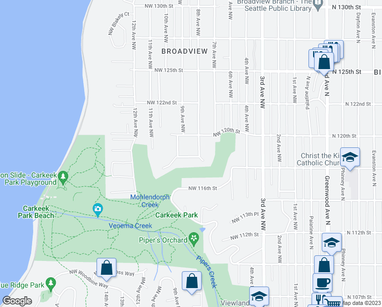 map of restaurants, bars, coffee shops, grocery stores, and more near 814 Northwest 118th Street in Seattle