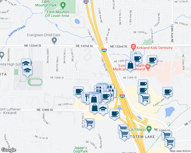 map of restaurants, bars, coffee shops, grocery stores, and more near 11420 Northeast 128th Street in Kirkland