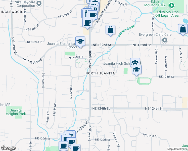 map of restaurants, bars, coffee shops, grocery stores, and more near 10026 Northeast 127th Place in Kirkland