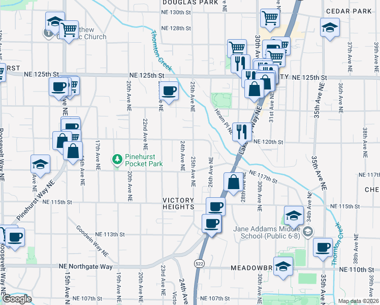 map of restaurants, bars, coffee shops, grocery stores, and more near 11740 24th Avenue Northeast in Seattle