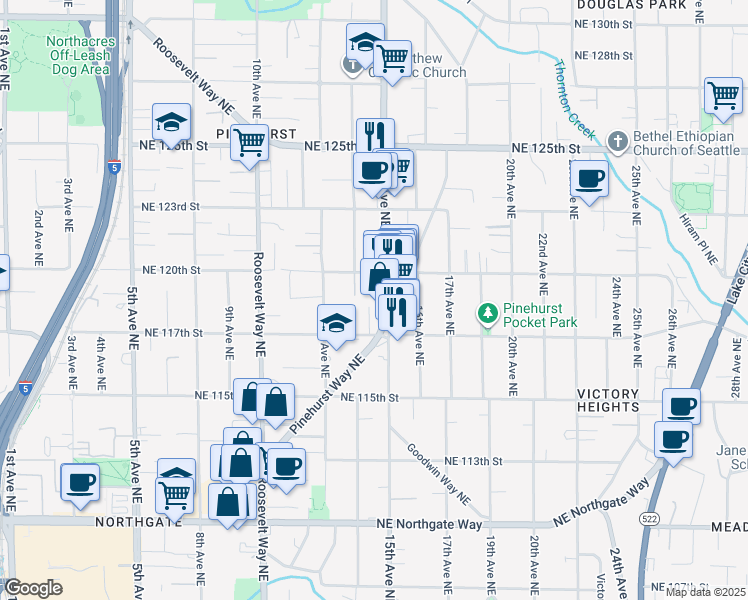 map of restaurants, bars, coffee shops, grocery stores, and more near 11725 15th Avenue Northeast in Seattle