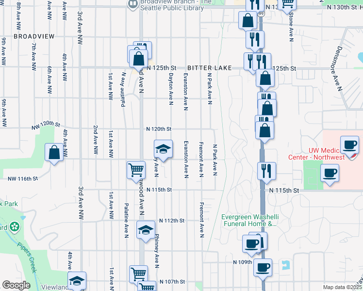 map of restaurants, bars, coffee shops, grocery stores, and more near 11725 Evanston Avenue North in Seattle