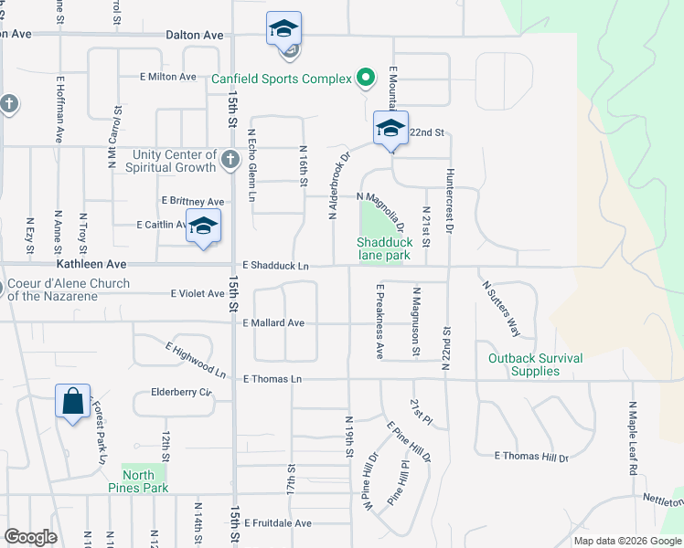 map of restaurants, bars, coffee shops, grocery stores, and more near 3957 North 19th Street in Coeur d'Alene