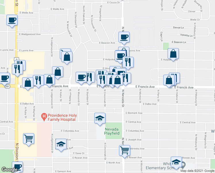 map of restaurants, bars, coffee shops, grocery stores, and more near 808 East Francis Avenue in Spokane