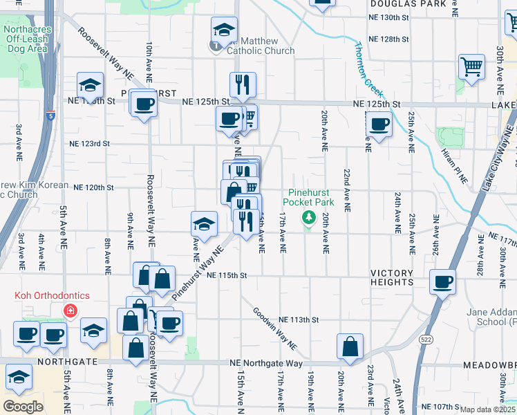 map of restaurants, bars, coffee shops, grocery stores, and more near 11735 16th Avenue Northeast in Seattle