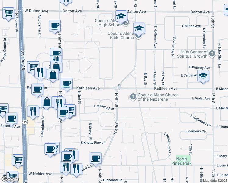 map of restaurants, bars, coffee shops, grocery stores, and more near 392 East Kathleen Avenue in Coeur d'Alene