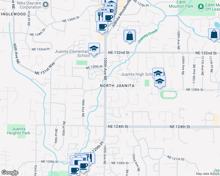 map of restaurants, bars, coffee shops, grocery stores, and more near 10018 Northeast 127th Place in Kirkland