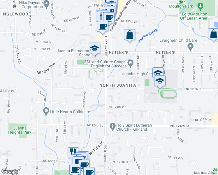 map of restaurants, bars, coffee shops, grocery stores, and more near 10014 Northeast 127th Place in Kirkland