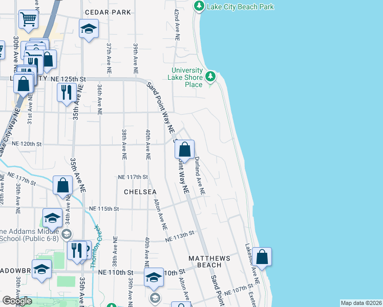 map of restaurants, bars, coffee shops, grocery stores, and more near 11751 Exeter Avenue Northeast in Seattle