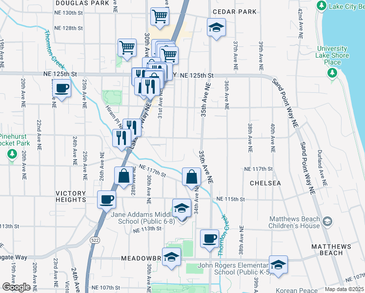 map of restaurants, bars, coffee shops, grocery stores, and more near 11827 33rd Avenue Northeast in Seattle