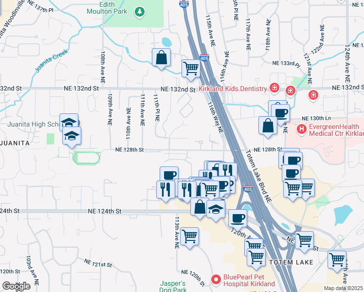 map of restaurants, bars, coffee shops, grocery stores, and more near 11308 Northeast 128th Street in Kirkland
