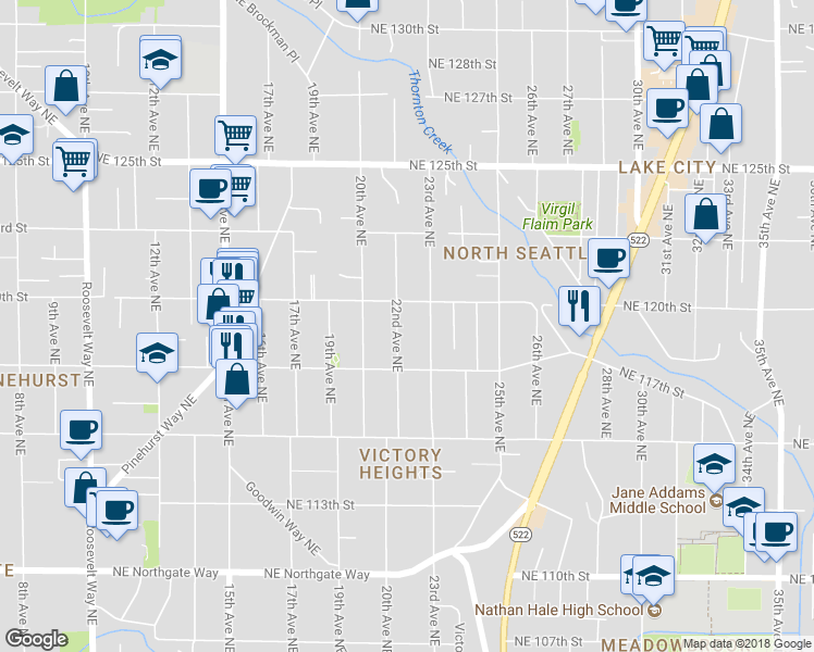 map of restaurants, bars, coffee shops, grocery stores, and more near 11738 22nd Avenue Northeast in Seattle