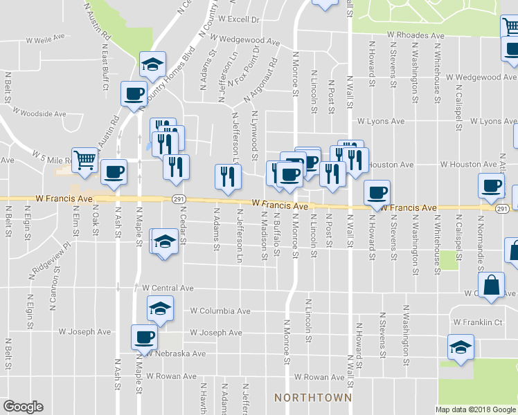 map of restaurants, bars, coffee shops, grocery stores, and more near 1105 West Francis Avenue in Spokane