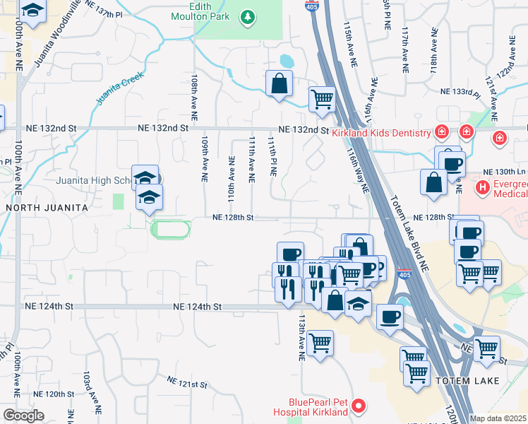 map of restaurants, bars, coffee shops, grocery stores, and more near 11112 Northeast 128th Street in Kirkland