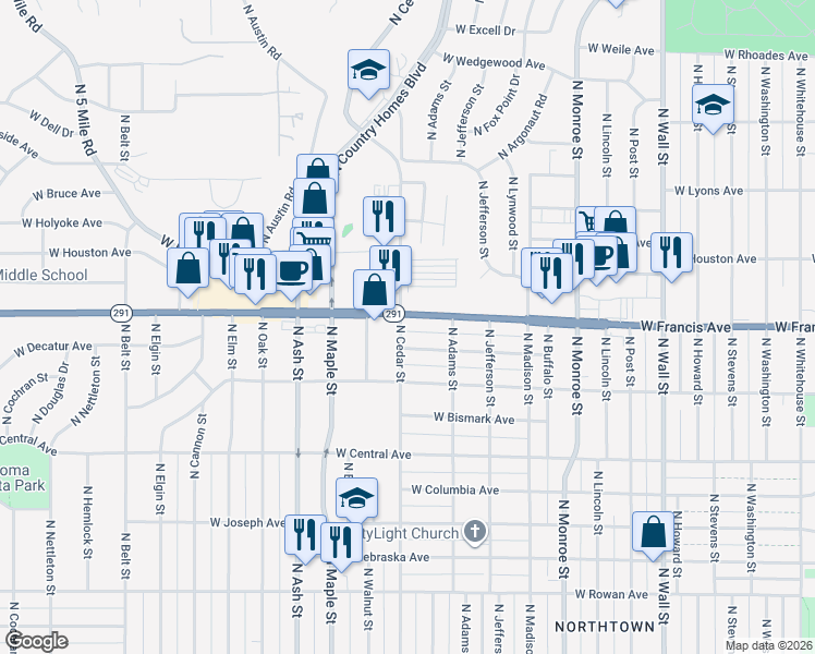 map of restaurants, bars, coffee shops, grocery stores, and more near 6222 North Cedar Street in Spokane