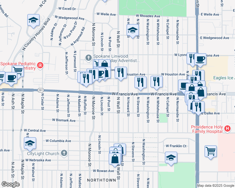 map of restaurants, bars, coffee shops, grocery stores, and more near in Spokane