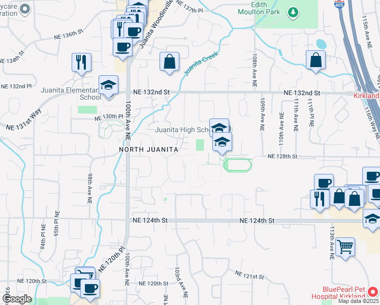 map of restaurants, bars, coffee shops, grocery stores, and more near 12826 103rd Place Northeast in Kirkland