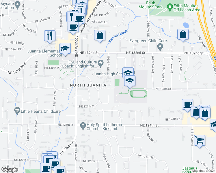 map of restaurants, bars, coffee shops, grocery stores, and more near 12814 103rd Place Northeast in Kirkland