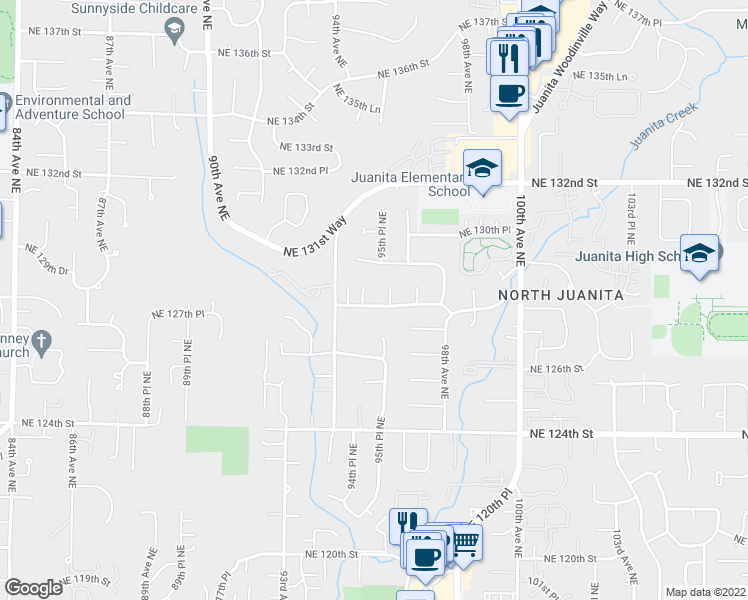 map of restaurants, bars, coffee shops, grocery stores, and more near 9510 Northeast 128th Street in Kirkland