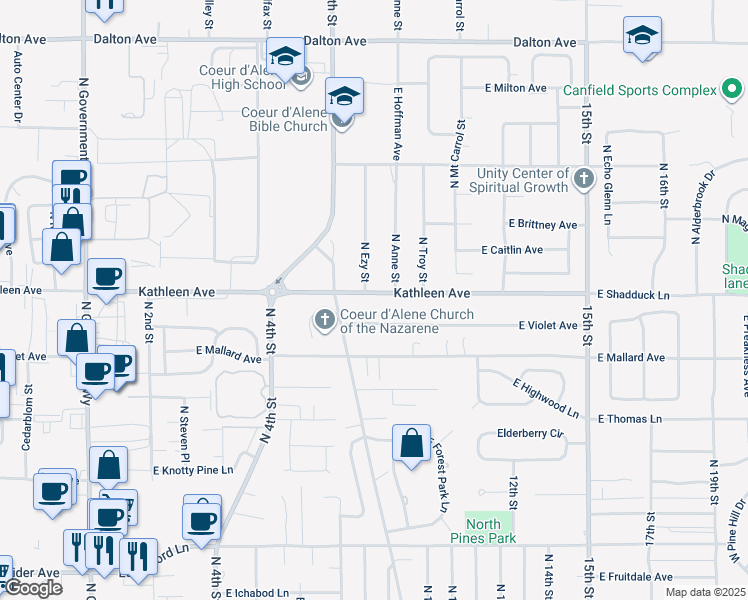 map of restaurants, bars, coffee shops, grocery stores, and more near 4815 North Ezy Street in Coeur d'Alene