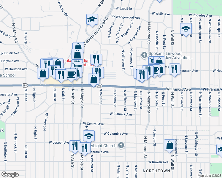 map of restaurants, bars, coffee shops, grocery stores, and more near 1307 West Francis Avenue in Spokane