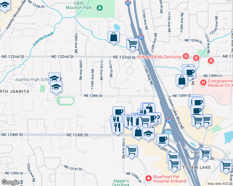map of restaurants, bars, coffee shops, grocery stores, and more near 12805 112th Place Northeast in Kirkland