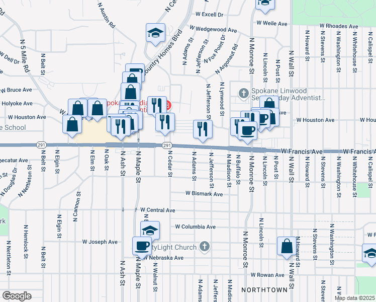 map of restaurants, bars, coffee shops, grocery stores, and more near 1307 W Francis Ave in Spokane