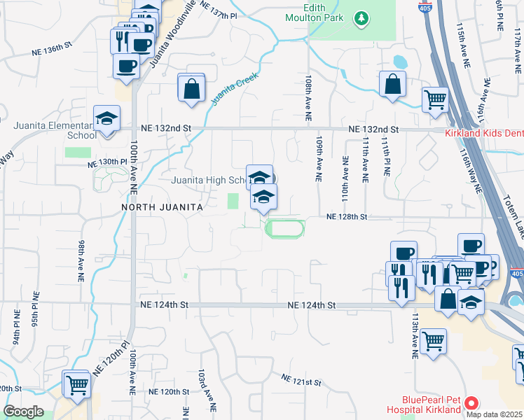 map of restaurants, bars, coffee shops, grocery stores, and more near 10601 Northeast 132nd Street in Kirkland