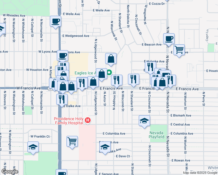 map of restaurants, bars, coffee shops, grocery stores, and more near 422 East Francis Avenue in Spokane