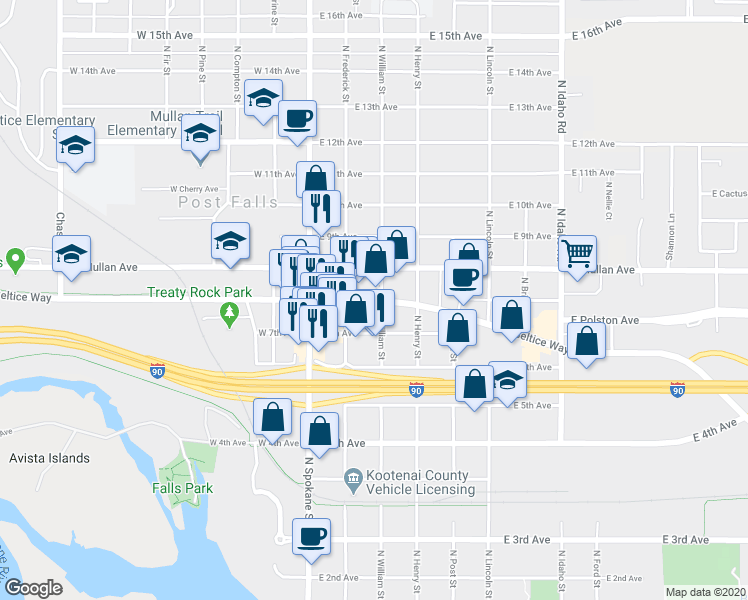 map of restaurants, bars, coffee shops, grocery stores, and more near 219 East Seltice Way in Post Falls