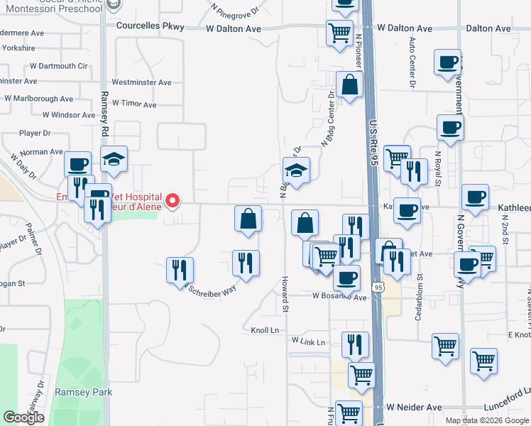 map of restaurants, bars, coffee shops, grocery stores, and more near 3932 North Schreiber Way in Coeur d'Alene