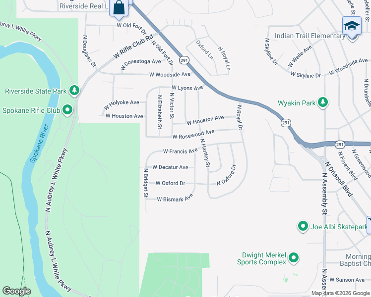 map of restaurants, bars, coffee shops, grocery stores, and more near 5124 West Francis Avenue in Spokane