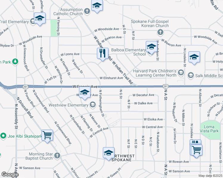 map of restaurants, bars, coffee shops, grocery stores, and more near 3327 West Francis Avenue in Spokane
