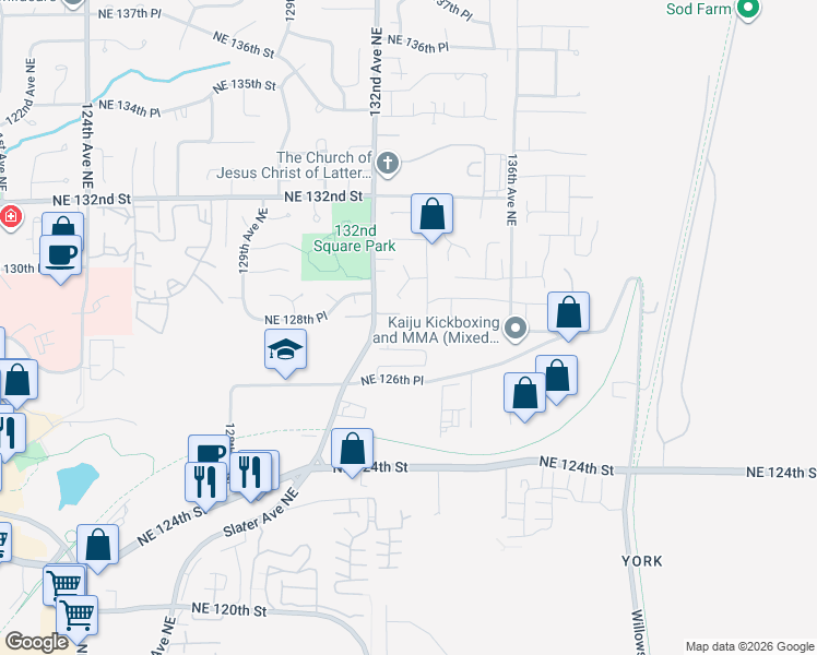 map of restaurants, bars, coffee shops, grocery stores, and more near 12812 132nd Avenue Northeast in Kirkland