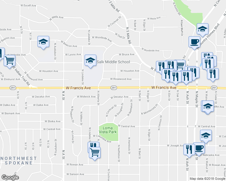 map of restaurants, bars, coffee shops, grocery stores, and more near 2439 West Francis Avenue in Spokane