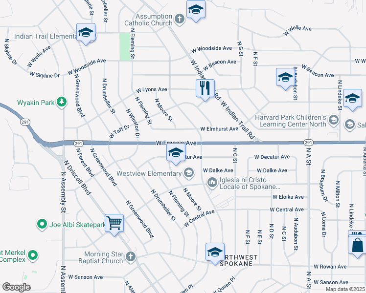map of restaurants, bars, coffee shops, grocery stores, and more near 3603 West Francis Avenue in Spokane
