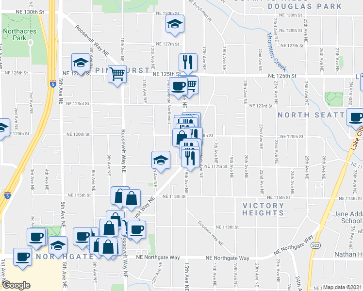 map of restaurants, bars, coffee shops, grocery stores, and more near 11725 15th Avenue Northeast in Seattle