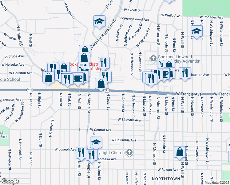 map of restaurants, bars, coffee shops, grocery stores, and more near 1323 West Francis Avenue in Spokane