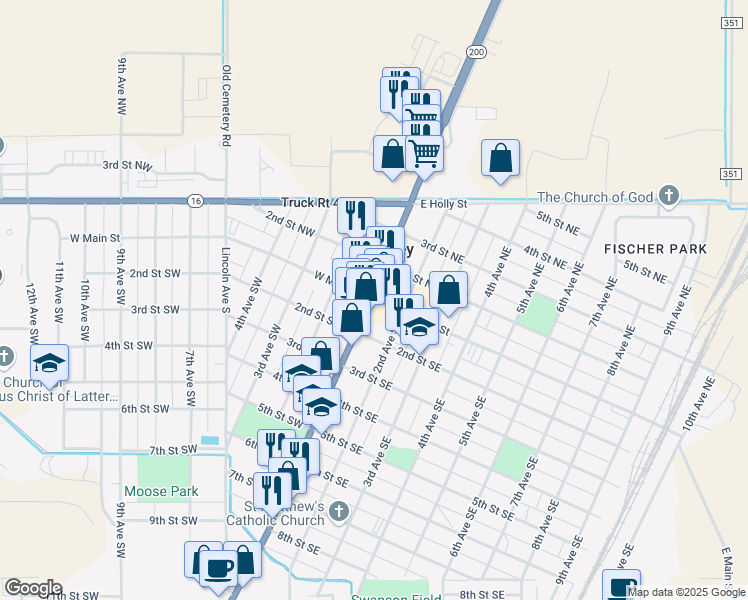 map of restaurants, bars, coffee shops, grocery stores, and more near 117 East Main Street in Sidney