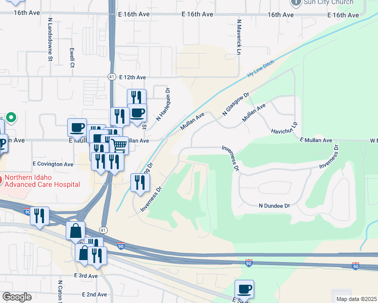 map of restaurants, bars, coffee shops, grocery stores, and more near 4600 Inverness Drive in Post Falls