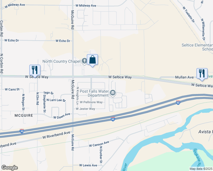 map of restaurants, bars, coffee shops, grocery stores, and more near 821 North Lancelot Lane in Post Falls