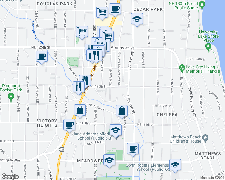 map of restaurants, bars, coffee shops, grocery stores, and more near 11836 32nd Avenue Northeast in Seattle